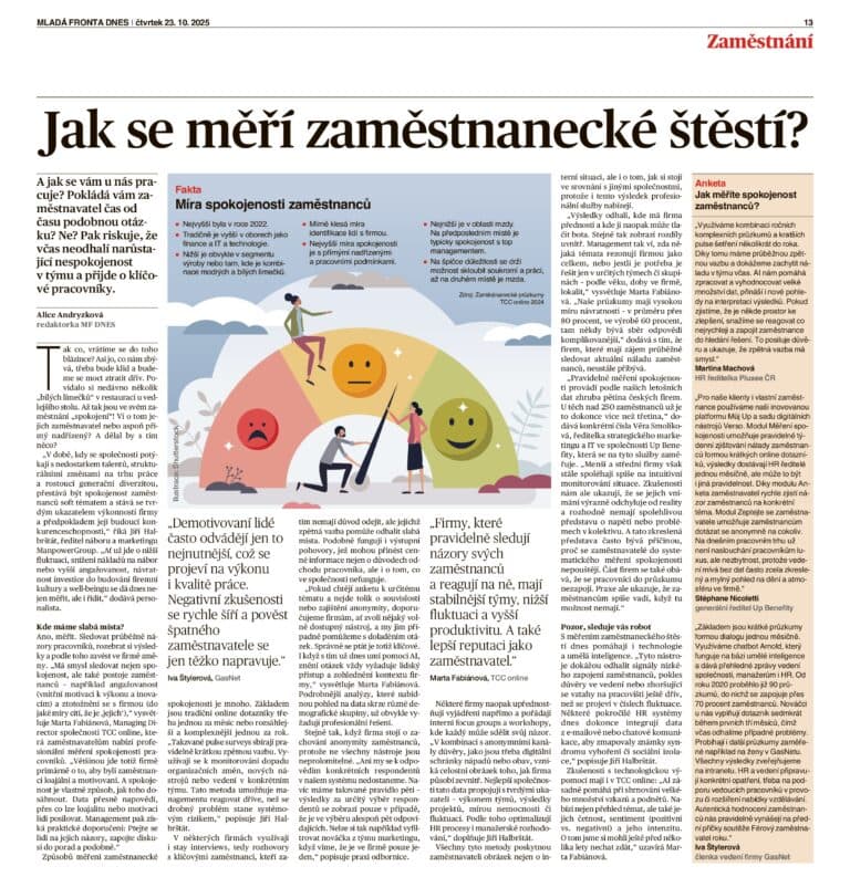 MF Dnes, článek Jak se měří zaměstnanecké štěstí, 23. 10. 2025